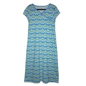 Garnet Hill Asian Wrap Nightgown Blue, Green & White Lotus Flower Cotton Size M